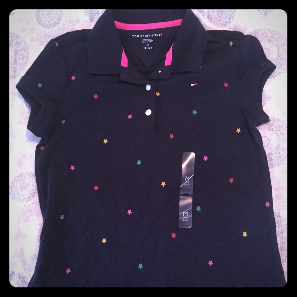 Girls Tommy Hilfiger polo shirt navy stars sz M